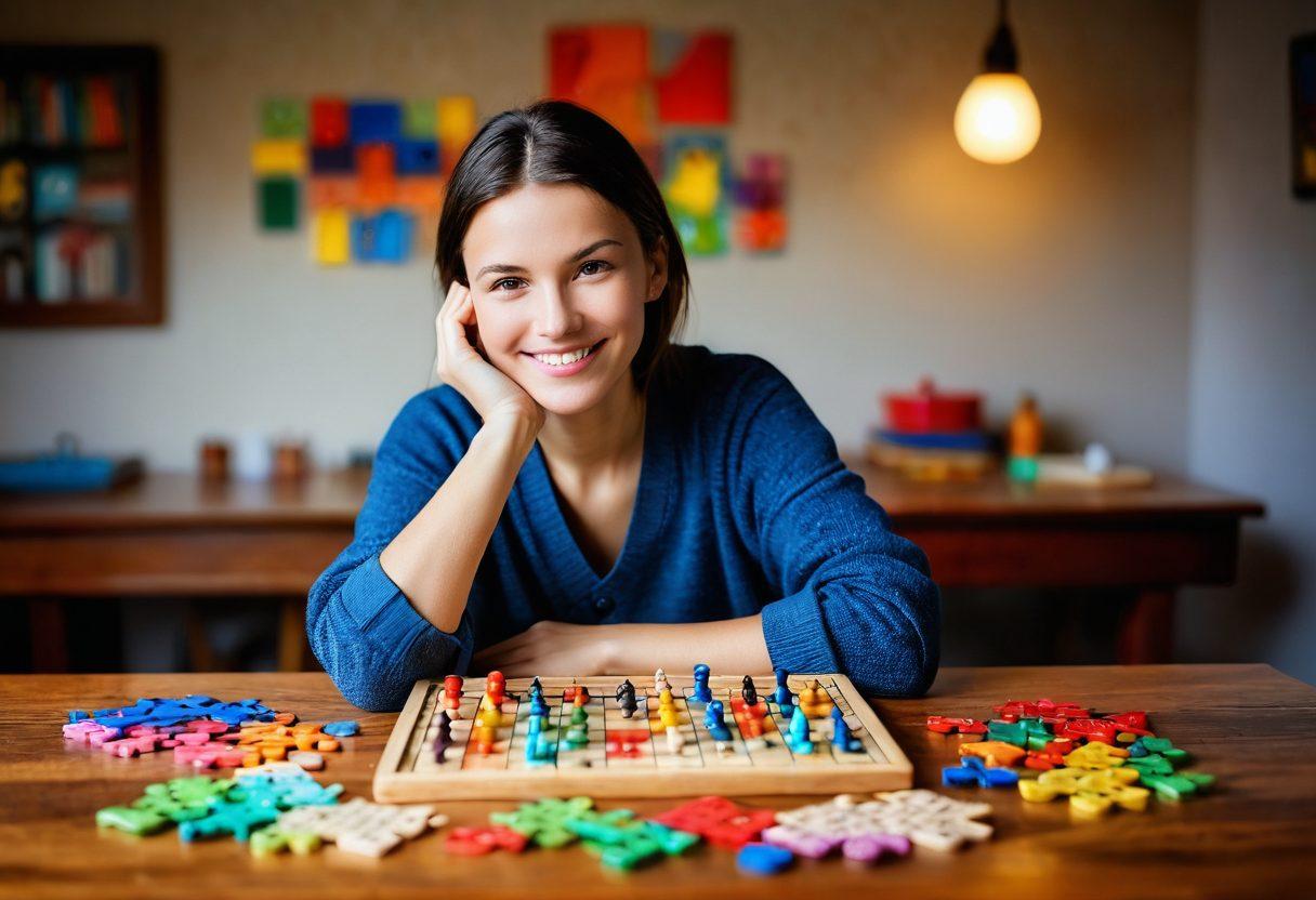 An engaging scene with a person sitting at a cozy wooden table, surrounded by colorful number puzzles and recreational games like Sudoku and chess. The individual is smiling, immersed in thought, with bright light illuminating the space. Add playful numbers and symbols floating around, symbolizing creativity and joy in problem-solving. Vibrant colors. whimsical style. soft focus.