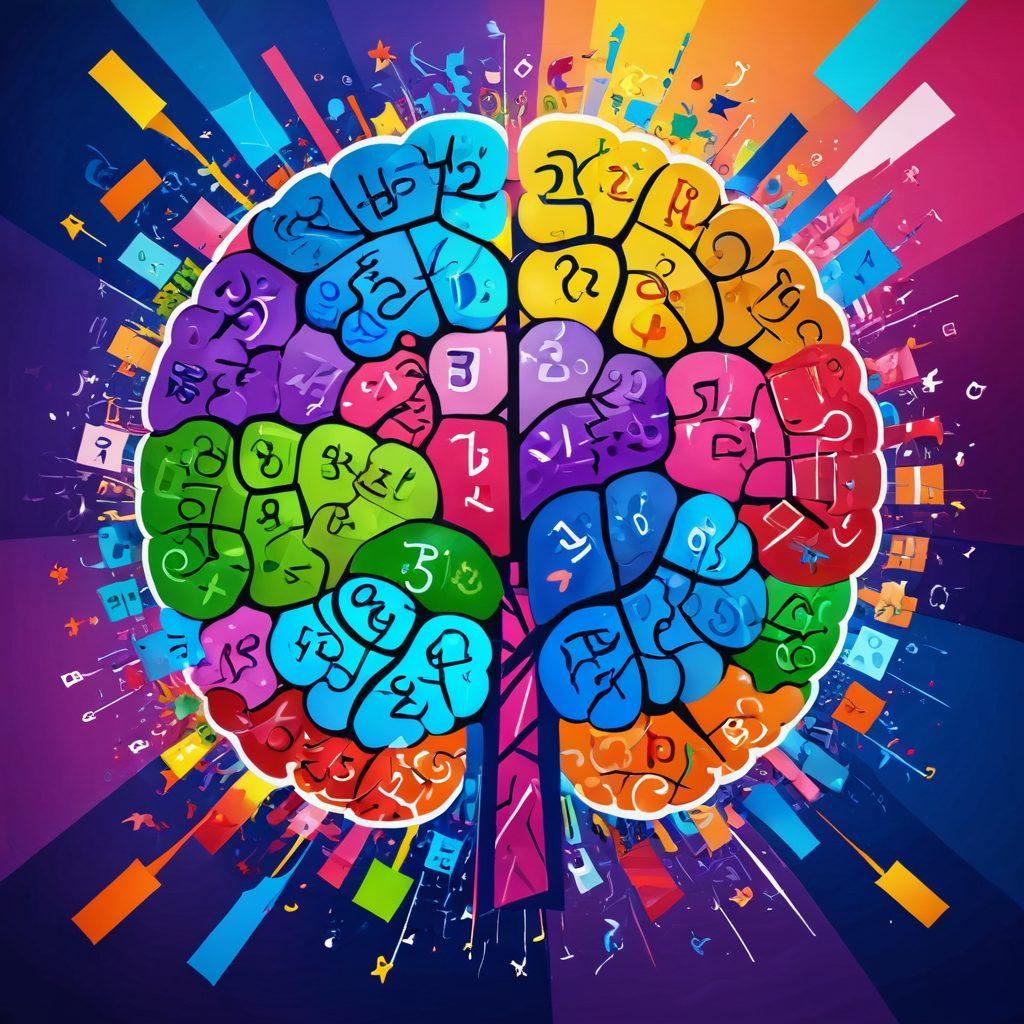 A vivid and engaging scene showcasing a colorful, abstract brain filled with various Sudoku puzzles and brain teasers floating around it. Incorporate vibrant colors to depict creativity and fun, with each puzzle piece radiating light that symbolizes cognitive stimulation. The background should be playful, with stylized numbers and symbols cascading down like confetti. Include hints of a whimsical, dreamlike environment to enhance the imaginative aspect of the mind journey. 3D. vibrant colors. whimsical style.